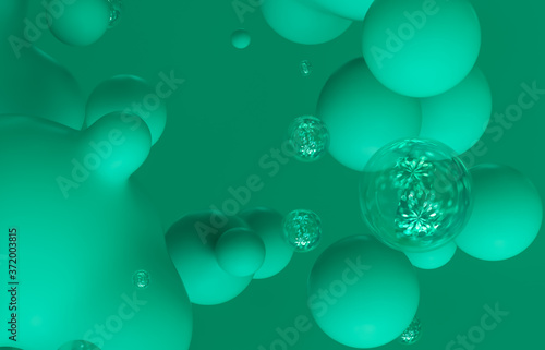 Abstract 3d art background. Holographic floating liquid blobs, soap bubbles, metaballs.