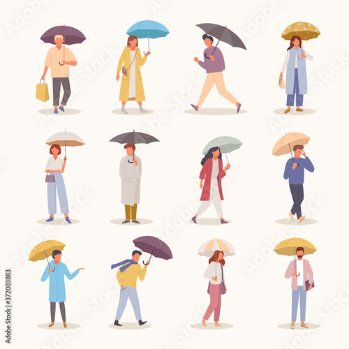 People with umbrellas set. Characters walk in rainy weather color parasol stylish girl with handbag guy in hurry on date woman rushes to store good protection bad climate. Vector style.