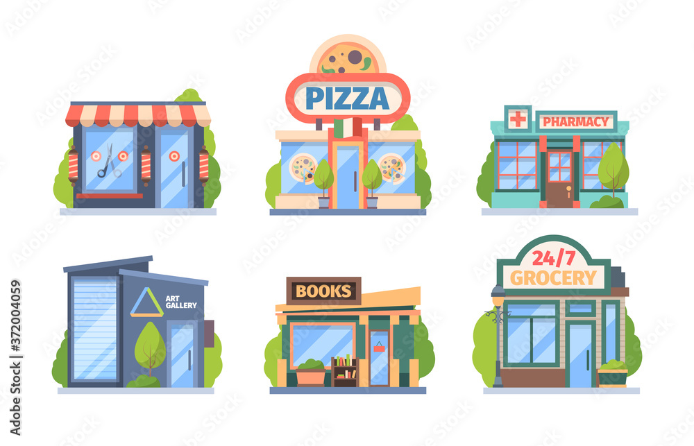 Shops and stores set. Commercial color retail markets food drug sales city boutiques with window displays awnings modern style restaurants cafes small architectural buildings. Vector supermarket.