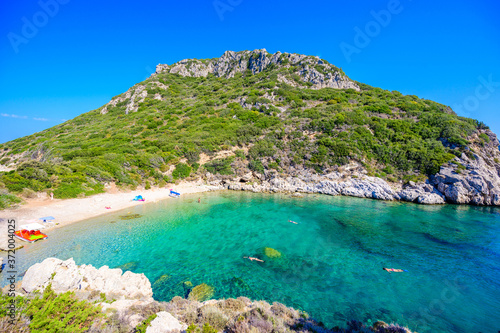 Fototapeta Naklejka Na Ścianę i Meble -  Porto Timoni beach at Afionas - -paradise and white double beach with crystal clear azure water in Corfu, Twin bay, Ionian island, Greece - Europe