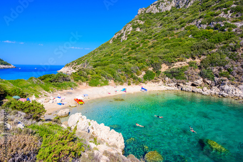 Porto Timoni beach at Afionas - -paradise and white double beach with crystal clear azure water in Corfu, Twin bay, Ionian island, Greece - Europe