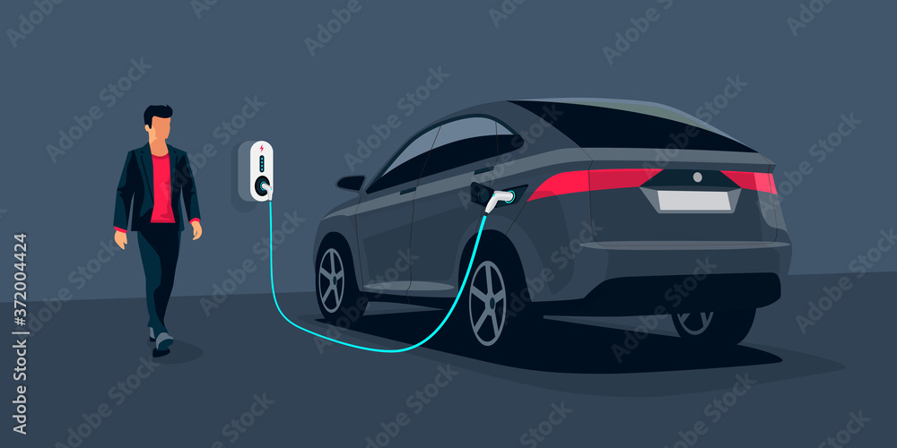 Electric car charging in underground garage home plugged to charger station. Battery EV vehicle standing parking lot connected to wall box. Close up vector being charged with power supply socket. Electric car charging in underground garage home plugged to charger station. Battery EV vehicle standing parking lot connected to wall box. Close up vector being charged with power supply socket.