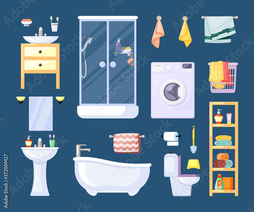 Bathroom equipment set. Modern shower stall with shampoo retro bathtub towel toilet bowl brush and paper washbasin mirror and brushes washing machine shelves with towels. Sanitary flat vector.