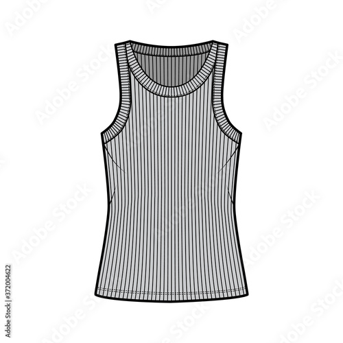 Ribbed cotton-jersey tank technical fashion illustration with wide scoop neck, relax fit knit, tunic length. Flat outwear camisole apparel template front grey color. Women men unisex shirt top CAD