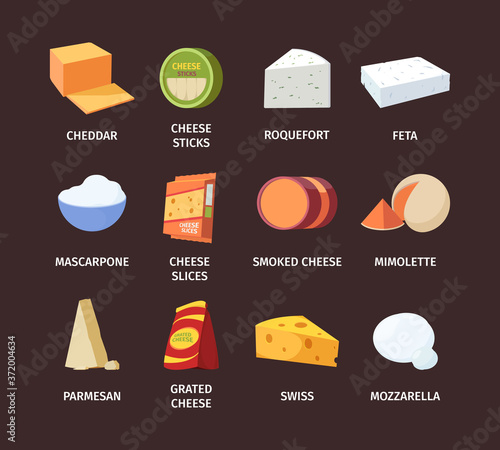 Cheese large set. Grated dutch cheese in sticks white roquefort and feta mold round smoked orange triangle in passing soft pizza mozzarella fine hard camembert curd ricotta. Tasty vector.