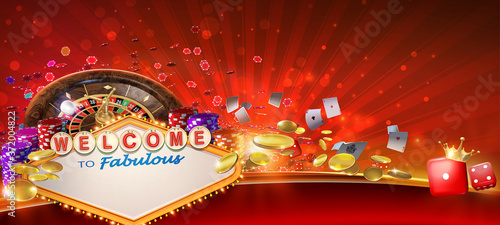 Casino games banner design with 3D rendered roulette wheel, playing cards,  red craps dices, poker gambling chips, golden coins and Las Vegas style casino sign