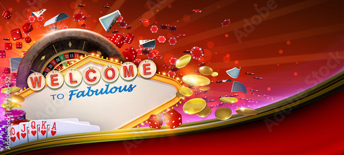 Fotografie, Obraz Casino games banner design with 3D rendered roulette wheel, falling playing card
