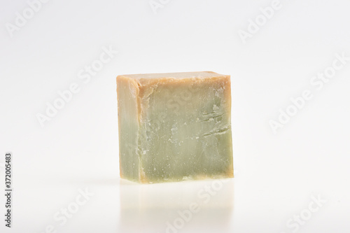 Organic handmade soap with olive oil isolated. Green soap. Healthy lifestyle, beauty, skin care. Zero waste home concept.