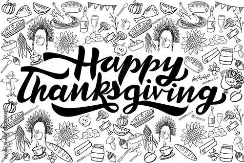 Thanksgiving seamless pattern with doodle elements and hand lettering greeting isolated on white background for wallpaper, web sites,wrapping paper,for fashion prints, fabric, design