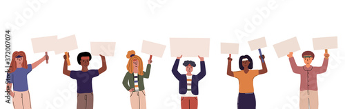 Concept people protest. The people holding blank banners. Vector illustration in flat cartoon design. Activists demonstration, empty sign, political revolution, demonstrate. 