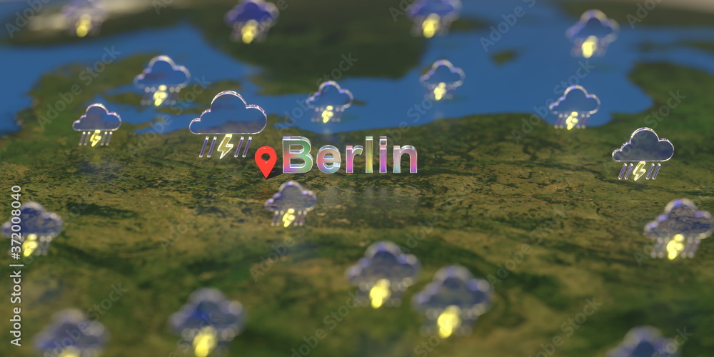 Stormy weather icons near Berlin city on the map, weather forecast related 3D rendering Stormy weather icons near Berlin city on the map, weather forecast related 3D rendering