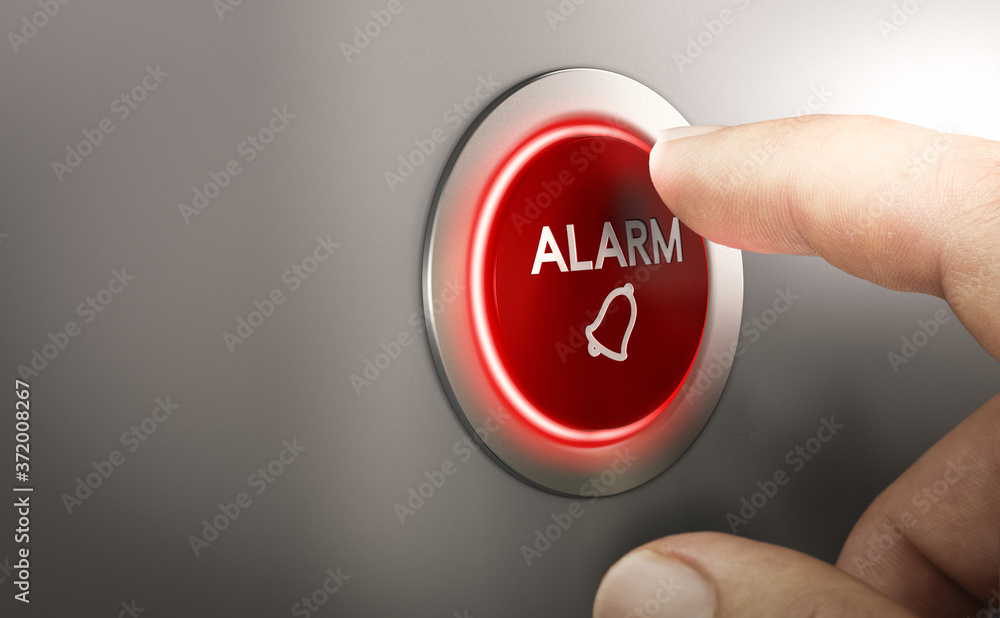 Man pressing a red security alarm button. - obrazy, fototapety, plakaty 