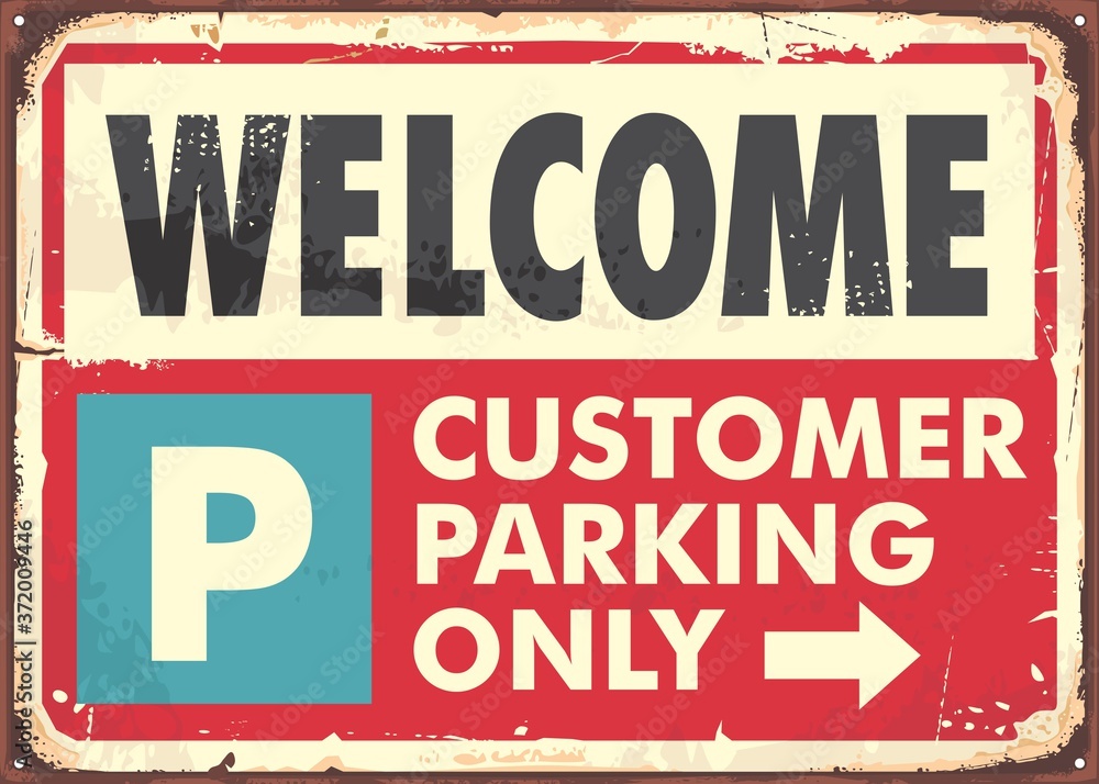 Parking sign design in retro style made for parking spots. Poster with big text and red background. Vector vintage traffic signboard illustration.
