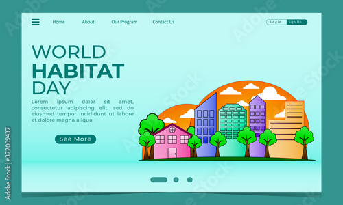 Landing page of world habitat day vector concept. A green city for 