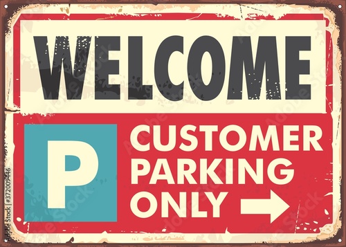 Parking sign design in retro style made for parking spots. Poster with big text and red background. Vector vintage traffic signboard illustration.