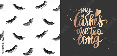 Golden Vector quote about lashes and seamless pattern. Fashion makeup set with Calligraphy phrase and stylish background for beauty salon