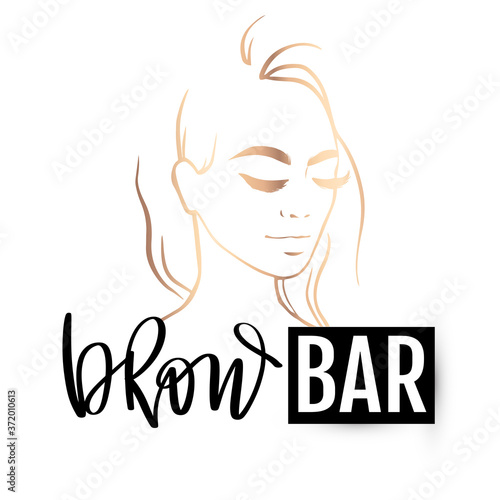 Brow bar logo with beautiful girl portrait. Vector Eyebrow calligraphy for beauty salon