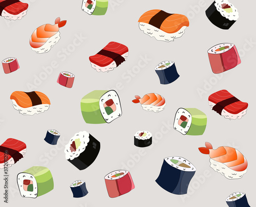 Sushi pattern with maki rolls, tuna, salmon and shrimp nigiri. Japanese food
