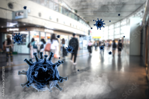 The imagination of the Covid 19 virus floating in public places with blurred background.