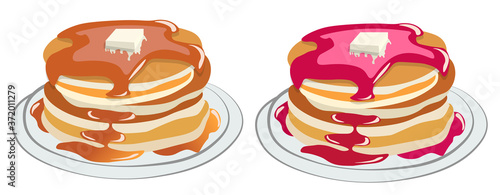 Set of stacked pancakes with a piece of butter on top, covered in syrup