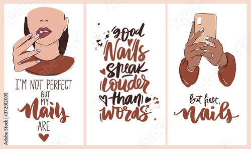 Nails and manicure set with woman hands, handwritten lettering phrases. Wallpaper for social media or networks stories backgrounds.