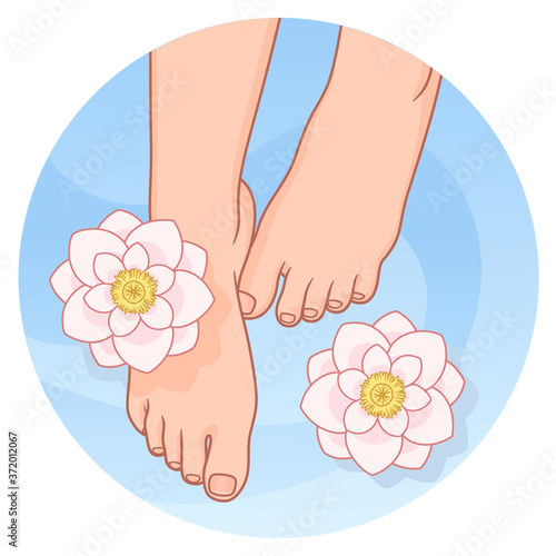 Spa and pedicure conception. Beautiful feet and lotus flowers. 