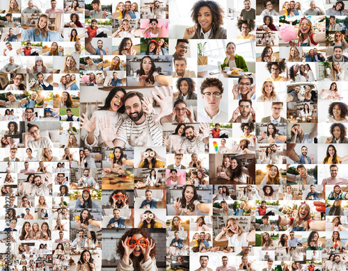 Collage image of different multinational people looking at camera