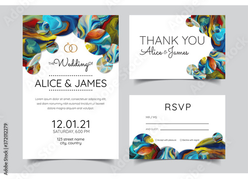 Vector modern design wedding invitation. Liquid colors greeting cards with golden text. Save the date design template. Branding, color.