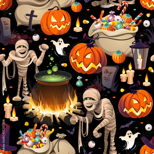 Seamless pattern - pumpkins, mummies and bags of colorful Halloween sweets for children: candy, chocolate, jelly isolated on black background.