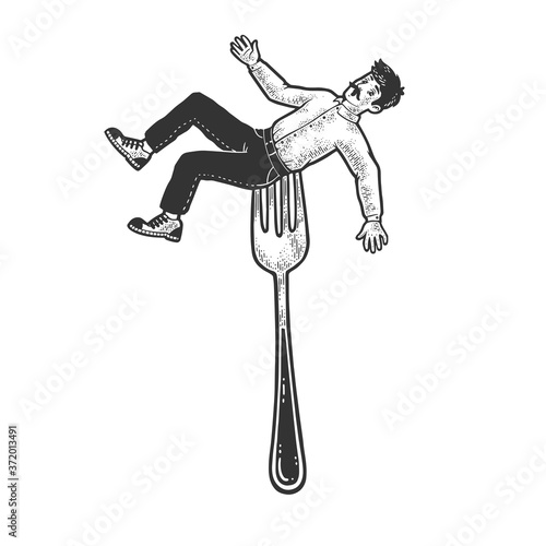 man strung on fork sketch engraving vector illustration. T-shirt apparel print design. Scratch board imitation. Black and white hand drawn image.
