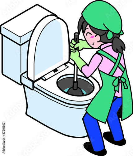 ラバーカップを使ってトイレの詰まりを修理する業者の若い女性