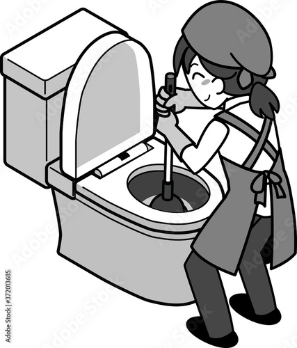 ラバーカップを使ってトイレの詰まりを修理する業者の若い女性