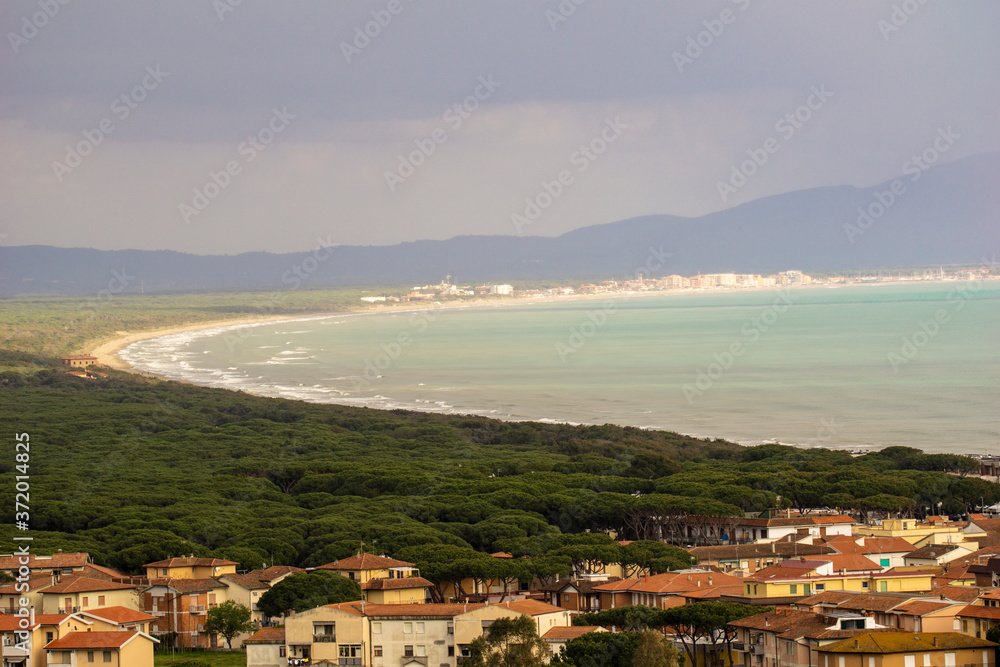 Italy, Tuscany, Castiglione della Pescaia, panoramic view of the coastline from the top
