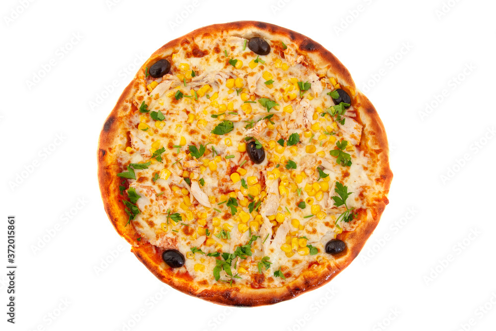 Top down view of delicious pizza, isolated on white.