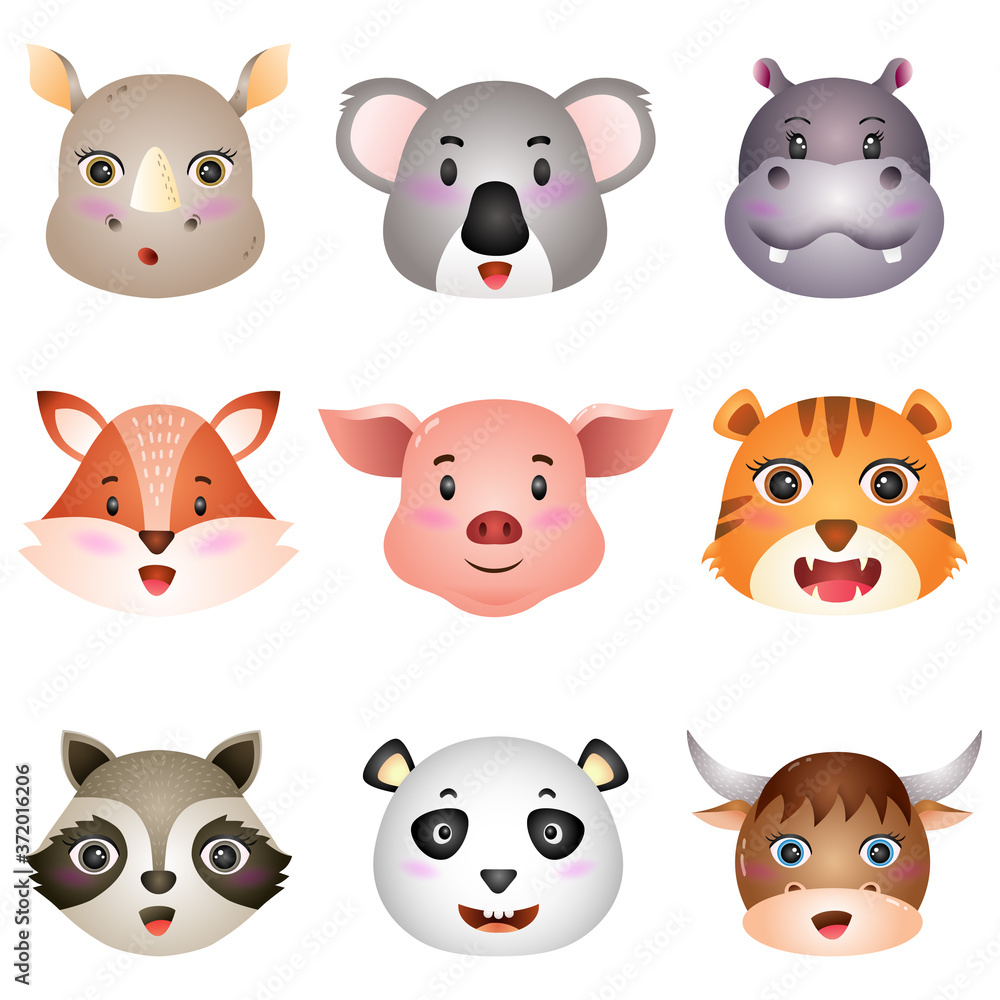 cute animal heads: rhino, koala, hippo, fox, pig, tiger, raccoon, panda and buffalo cute animal heads: rhino, koala, hippo, fox, pig, tiger, raccoon, panda and buffalo