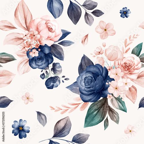 Floral seamless pattern of navy and peach watercolor roses and wild flowers arrangements on white background for fashion, print, textile, fabric, and card background