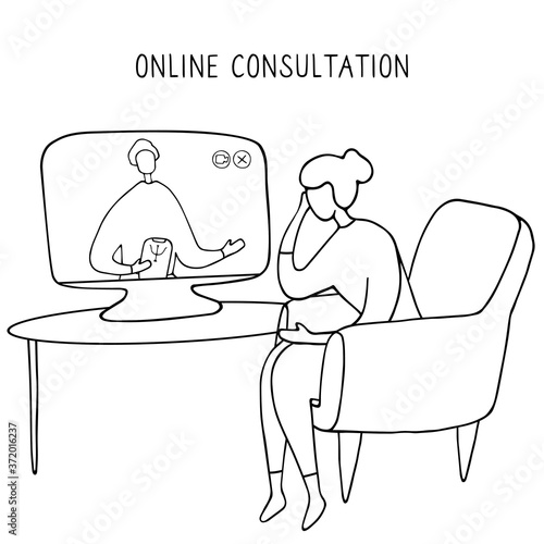 Woman sitting in chair in front of computer and talking to psychologist online. Remote psychological help, psychiatrist consulting patient. Mental health care and treatment. Vector illustration