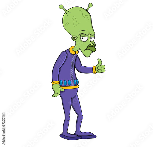 cartoon green alien showing thumb up with displeased emotion isolated on white background vector