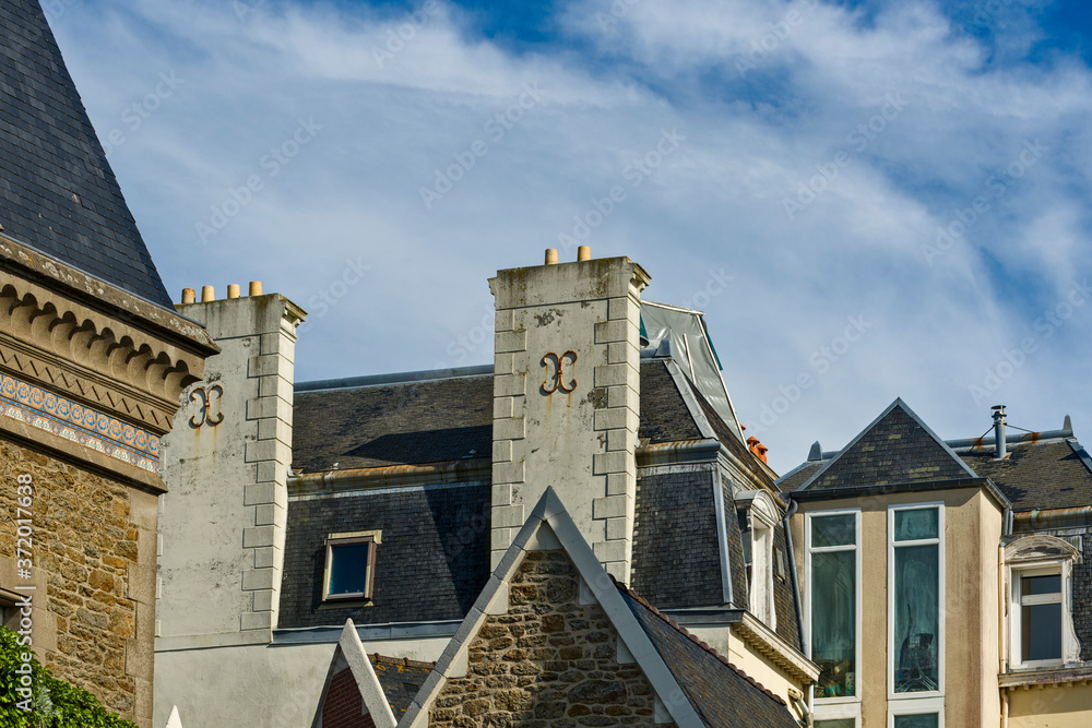 traditional chimney on a historic villas in Dinard, a seaside resort in Brittany, France