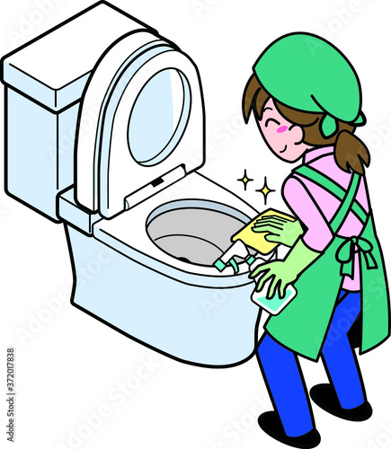 トイレをピカピカに拭き掃除する業者の若い女性