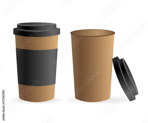 Paper coffee cup in 3d style on white background. Blank mockup. Mock up, template. Coffee drink.