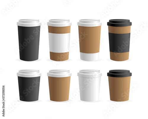 Paper coffee cup in 3d style on white background. Blank mockup. Mock up, template. Coffee drink.