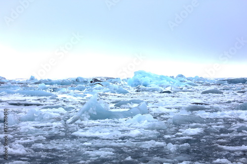 Fototapeta Naklejka Na Ścianę i Meble -  アイスランドのヨークルスアゥルロゥン氷河湖で、氷河湖から氷が海に流れ出して ダイヤモンドビーチを形成しています。