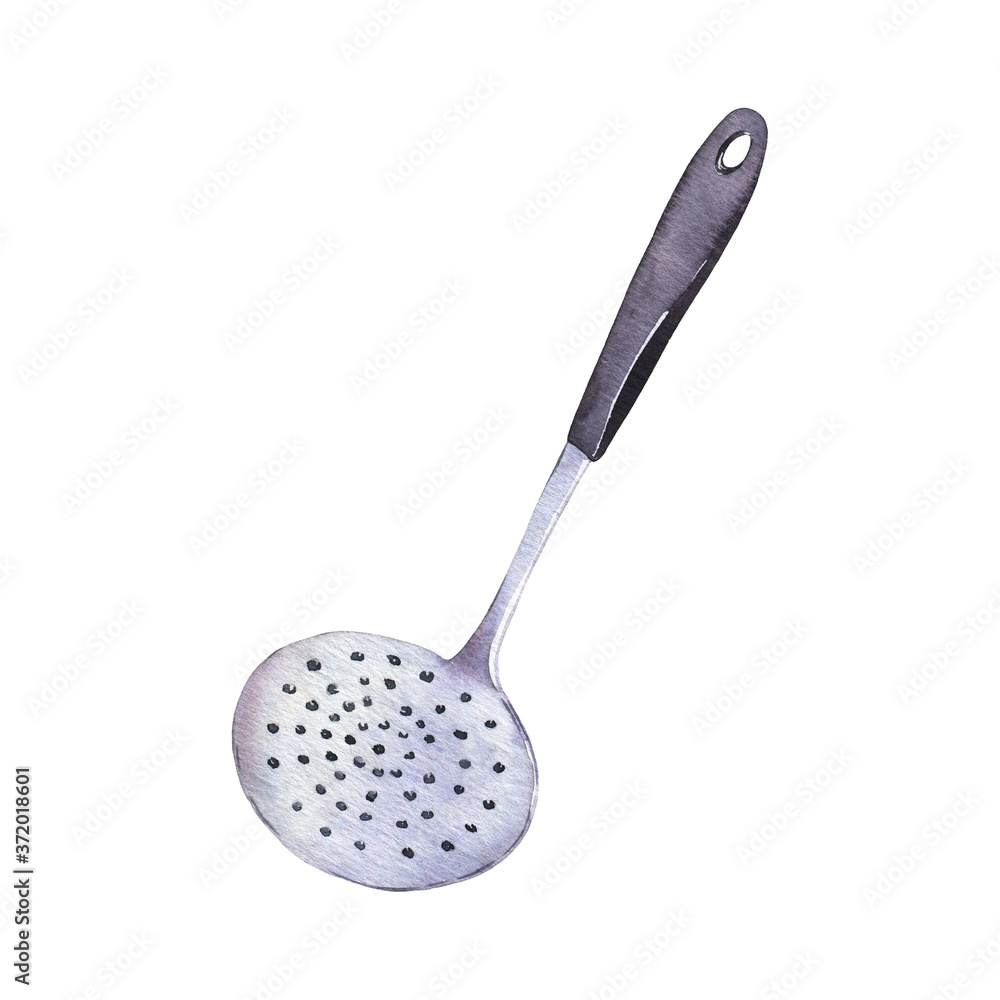 Metal skimmer with black handle on white background. Hand drawn watercolor illustration. Metal skimmer with black handle on white background. Hand drawn watercolor illustration.