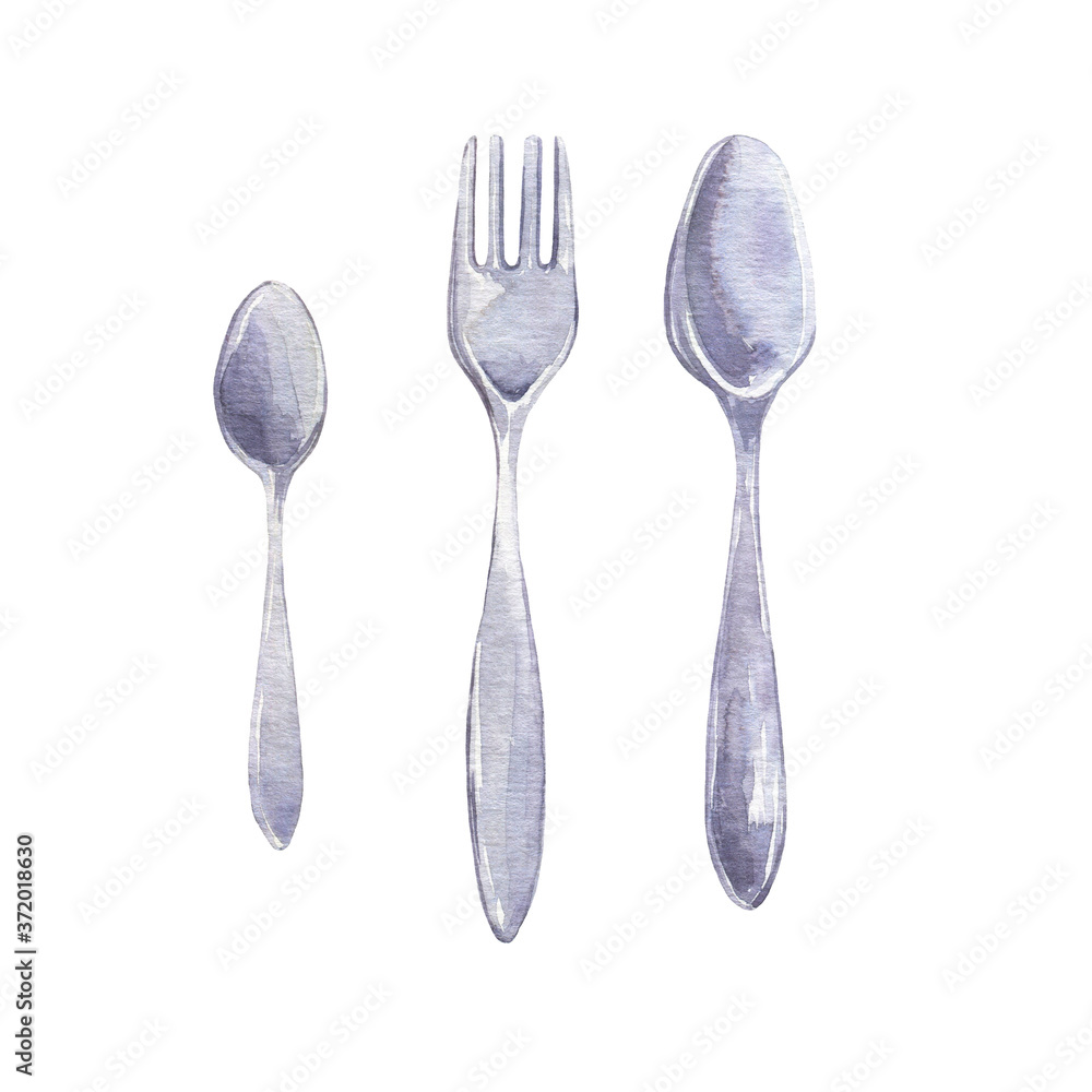 Set of silver spoons and fork isolated on white background. Hand drawn watercolor illustration. Set of silver spoons and fork isolated on white background. Hand drawn watercolor illustration.