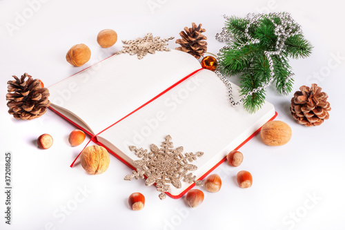 Diary of Christmas wishes. Christmas Holidays card on white background with copy space 