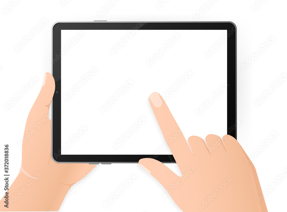 Modern flat illustration with black empty tablet hands on white background. Digital technology. Modern flat illustration. Web design. Modern flat illustration with black empty tablet hands on white background. Digital technology. Modern flat illustration. Web design.