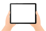 Modern flat illustration with black empty tablet hands on white background. Digital technology. Modern flat illustration. Web design.