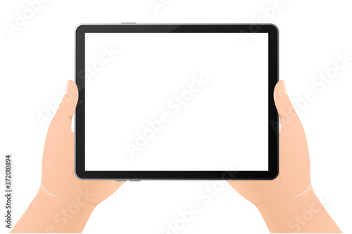 Modern flat illustration with black empty tablet hands on white background. Digital technology. Modern flat illustration. Web design.