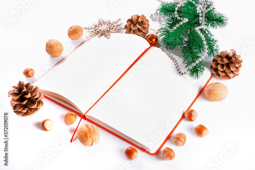 Diary of Christmas wishes. Christmas Holidays card on white background with copy space 